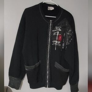 Black Zip-Up K.D. SPRINGS with Graphic Design OSFA FITS LIKE XL SWEATER japenese